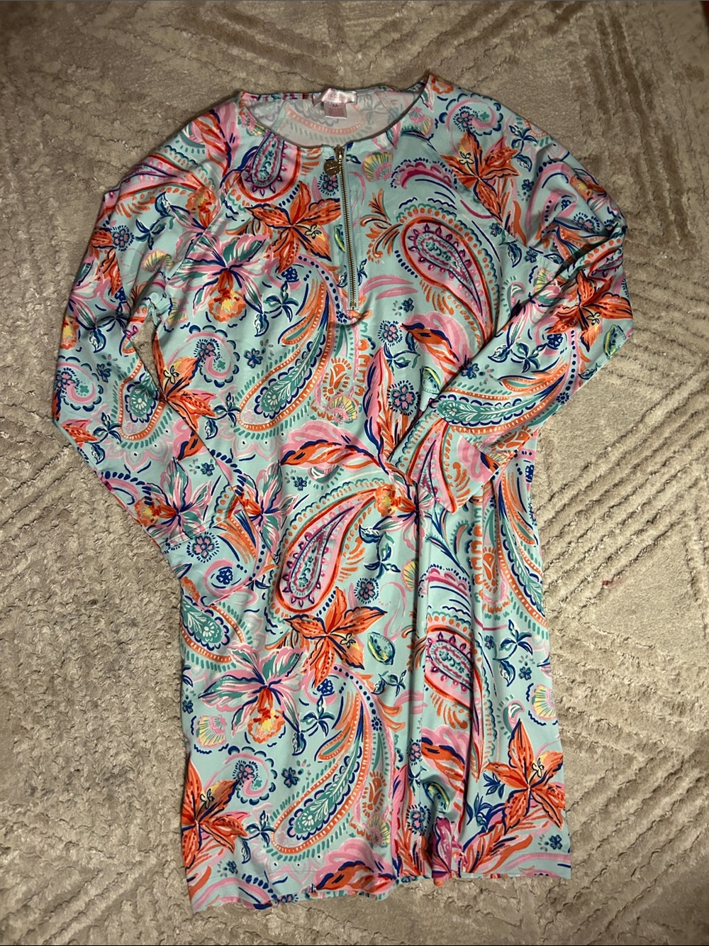 Aqua Paisley Floral Long-Sleeve Swim Coverup with Orange Accents lily Pulitzer